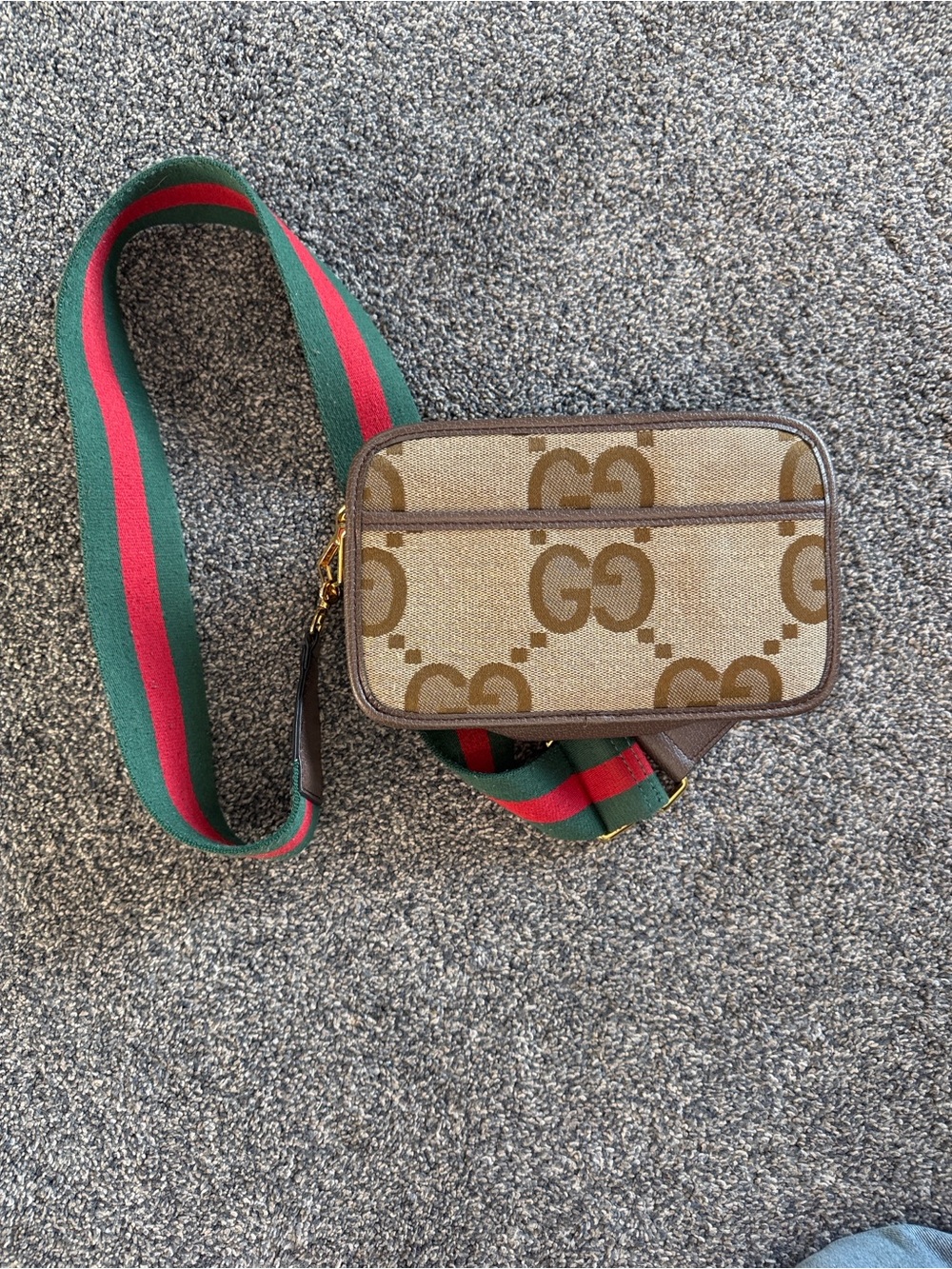 Beige Monogram Crossbody Bag with Green-Red Stripe Strap